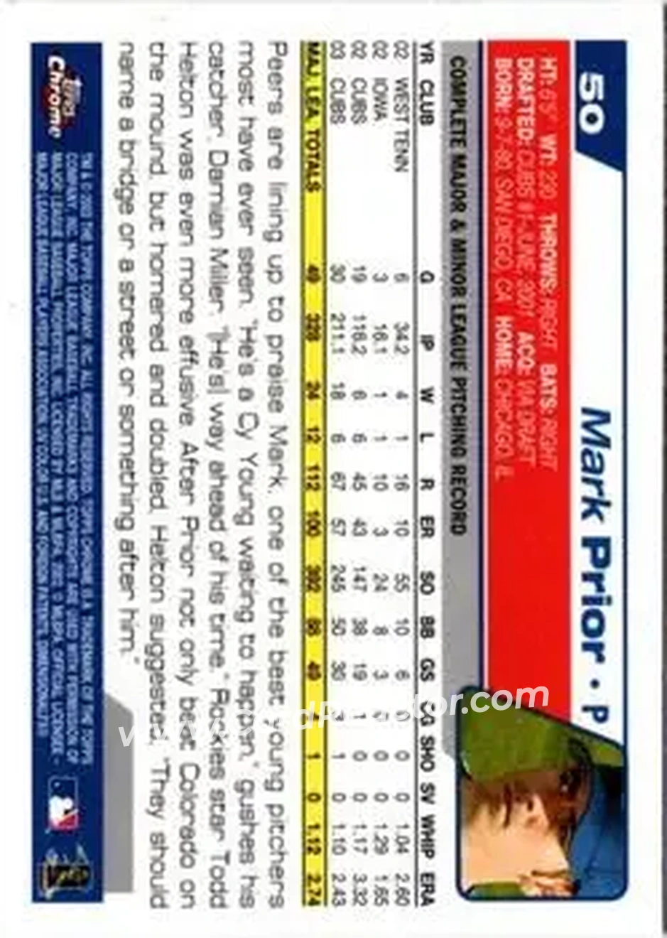 2004 Topps Chrome #50 - Mark Prior - Chicago Cubs - Back