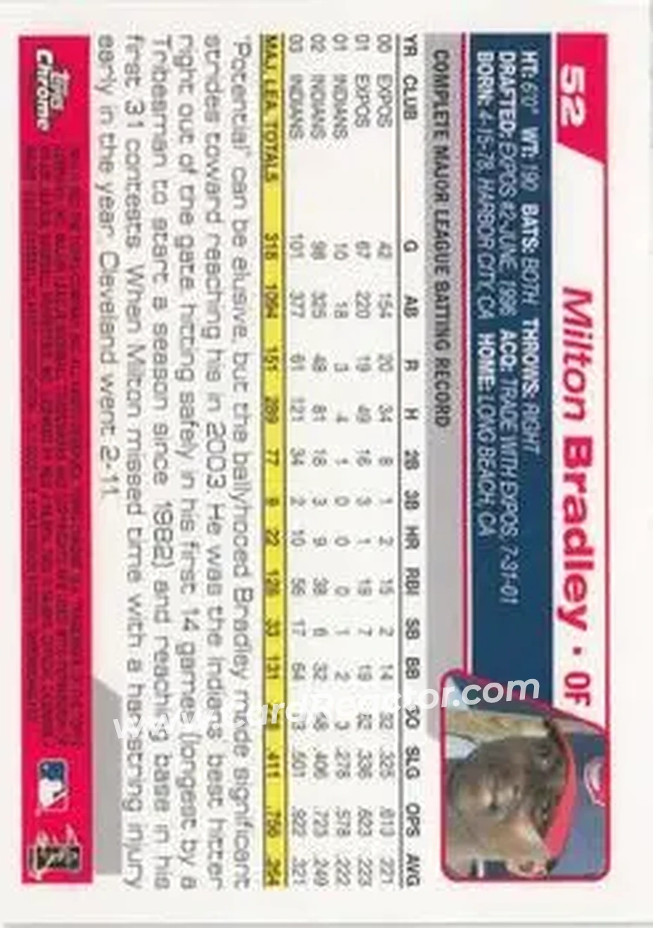 2004 Topps Chrome #52 - Milton Bradley - Cleveland Indians - Back