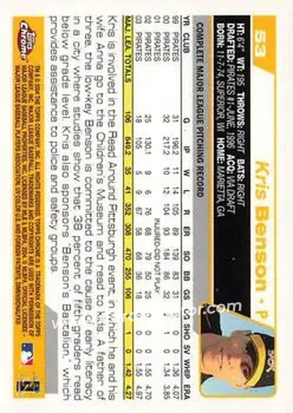 2004 Topps Chrome #53 - Kris Benson - Pittsburgh Pirates - Back