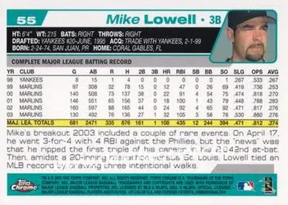 2004 Topps Chrome #55 - Mike Lowell - Florida Marlins - Back