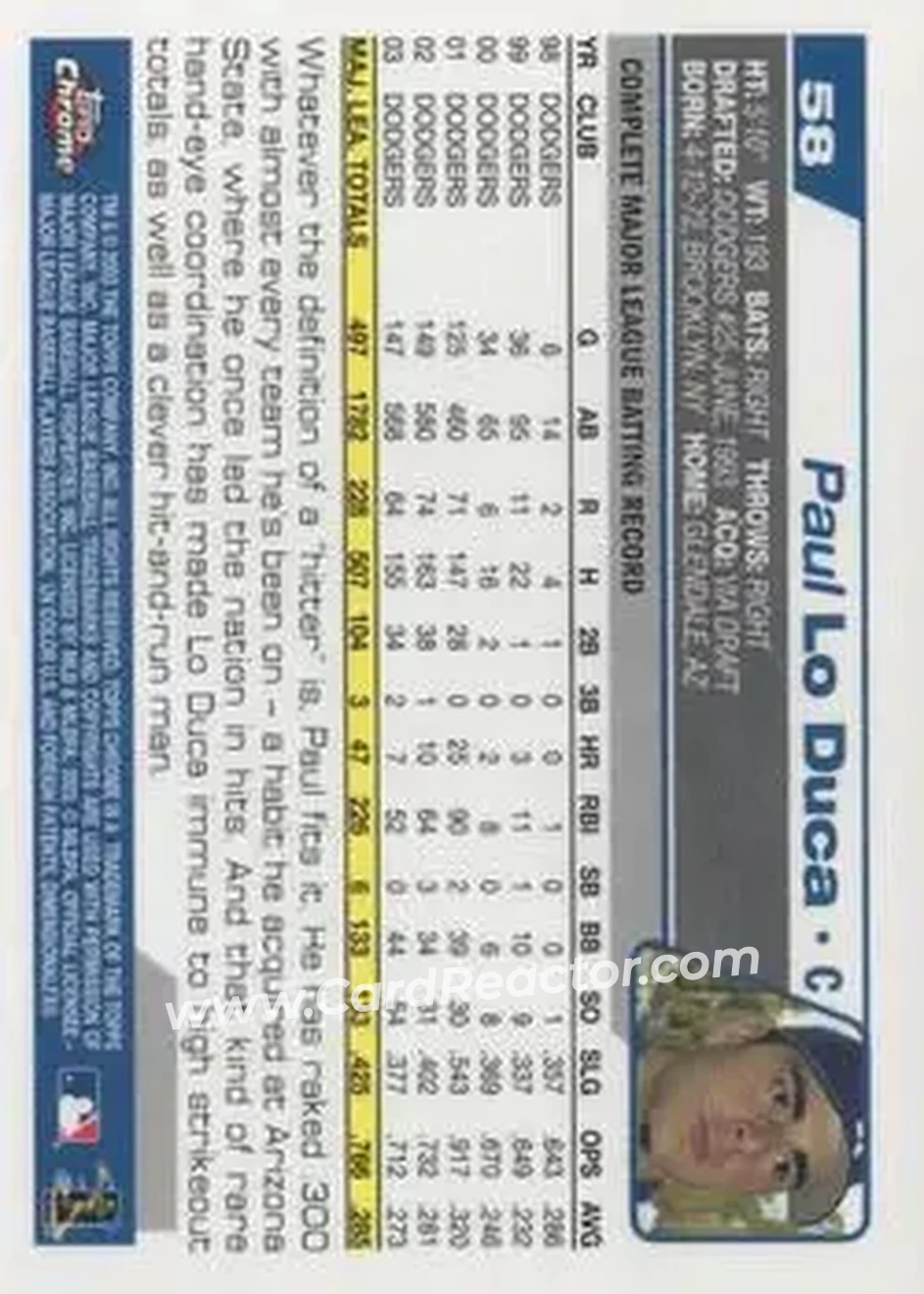 2004 Topps Chrome #58 - Paul Lo Duca - Los Angeles Dodgers - Back