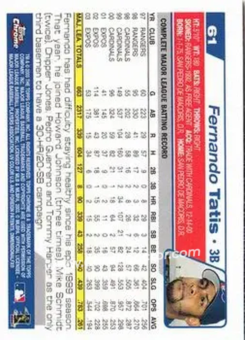 2004 Topps Chrome #61 - Fernando Tatis - Montreal Expos - Back