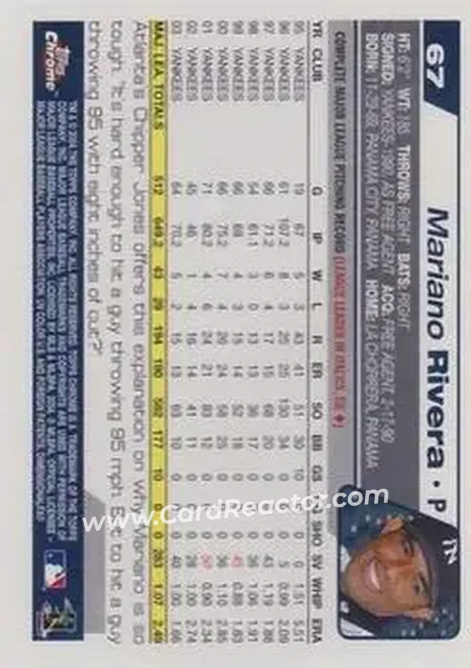 2004 Topps Chrome #67 - Mariano Rivera - New York Yankees - Back