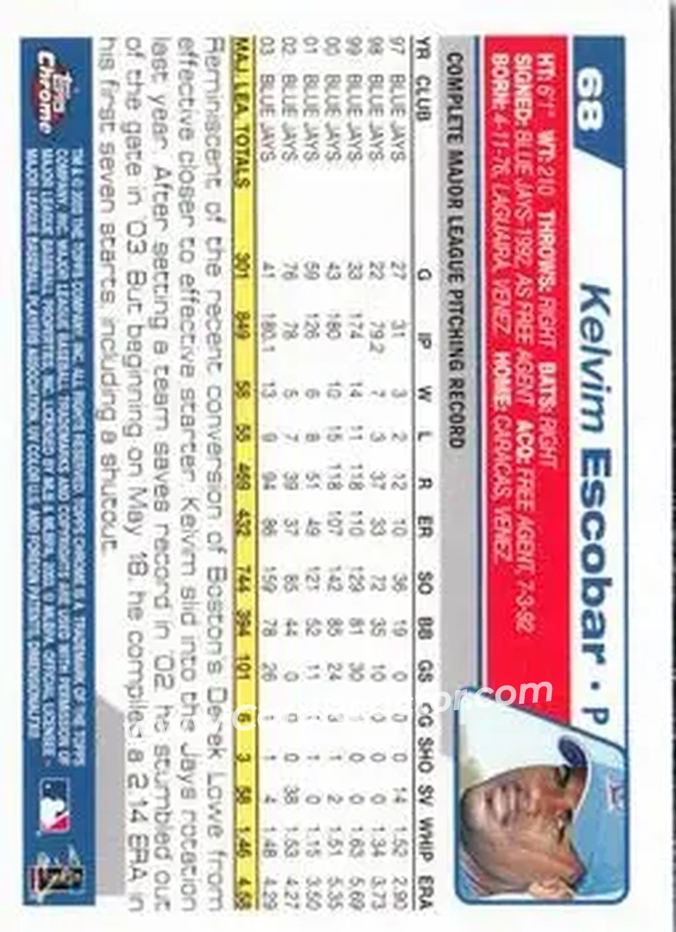 2004 Topps Chrome #68 - Kelvim Escobar - Toronto Blue Jays - Back