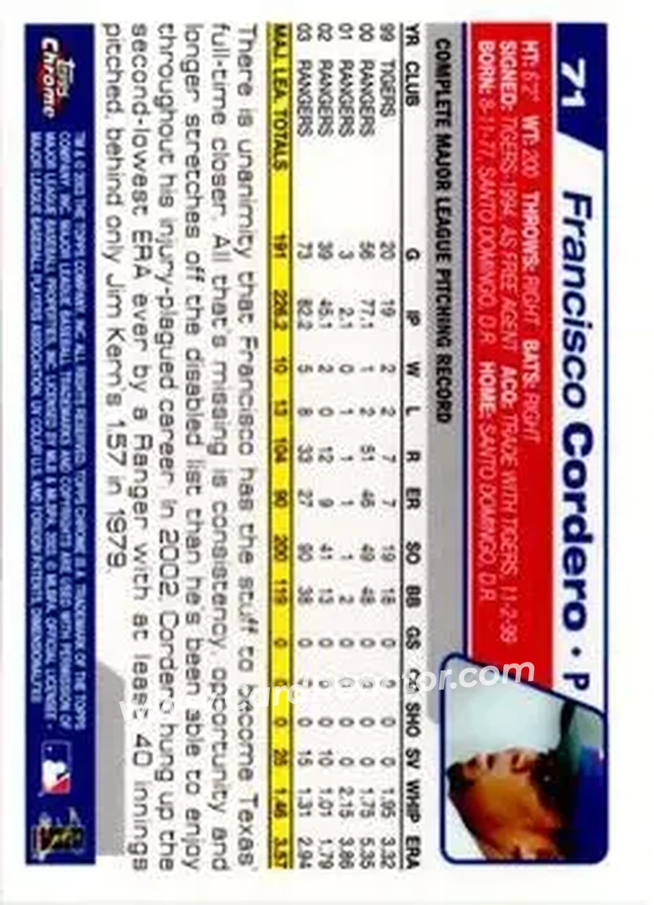 2004 Topps Chrome #71 - Francisco Cordero - Texas Rangers - Back