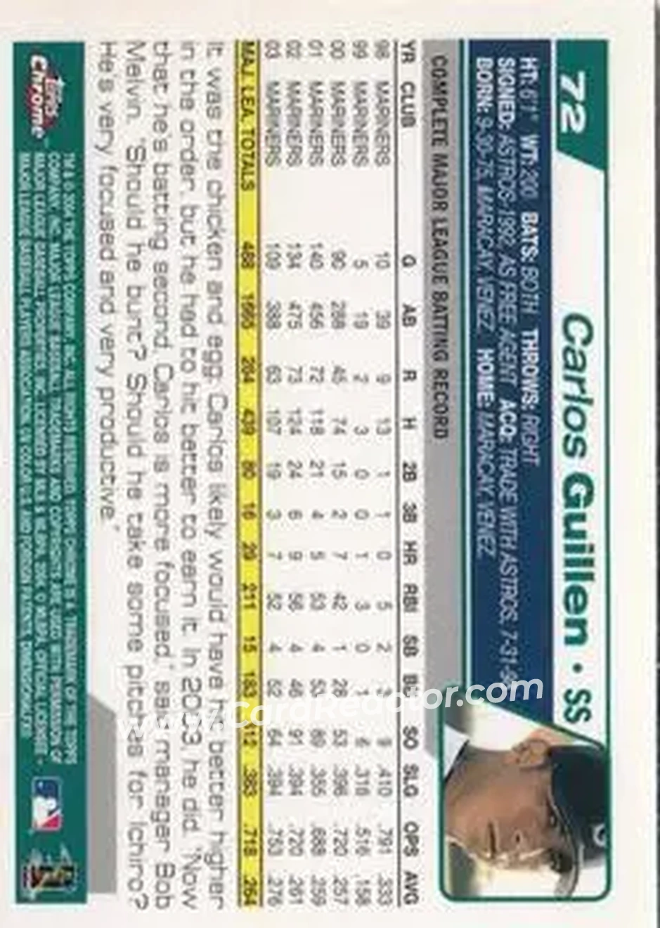 2004 Topps Chrome #72 - Carlos Guillen - Seattle Mariners - Back