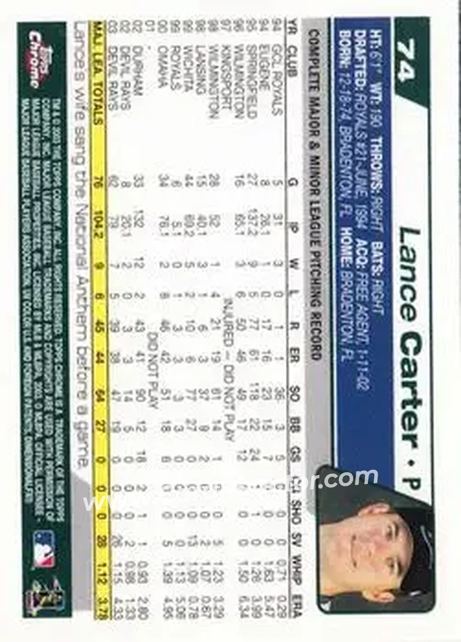 2004 Topps Chrome #74 - Lance Carter - Tampa Bay Devil Rays - Back
