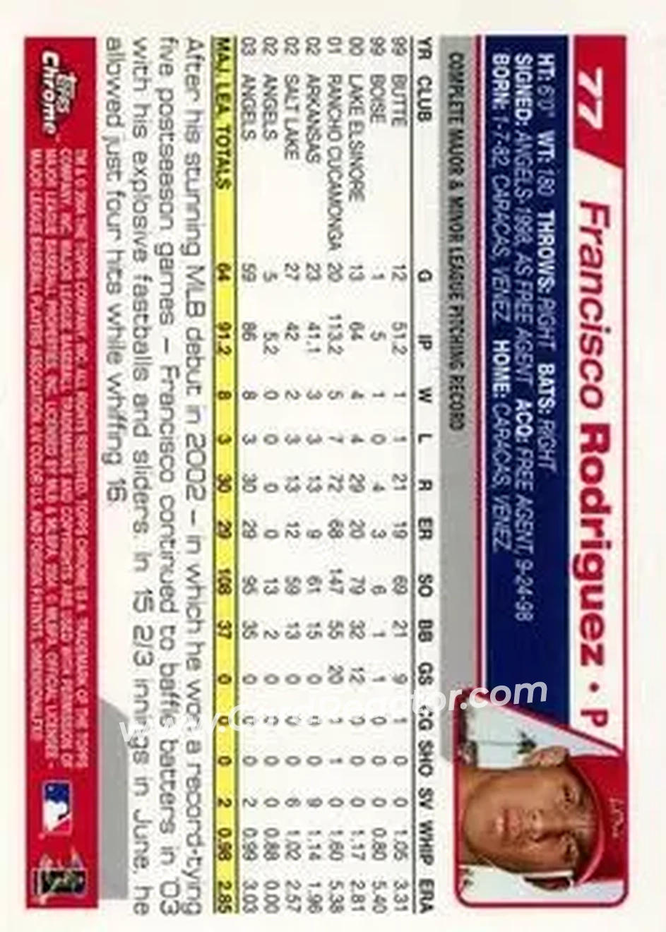 2004 Topps Chrome #77 - Francisco Rodriguez - Anaheim Angels - Back