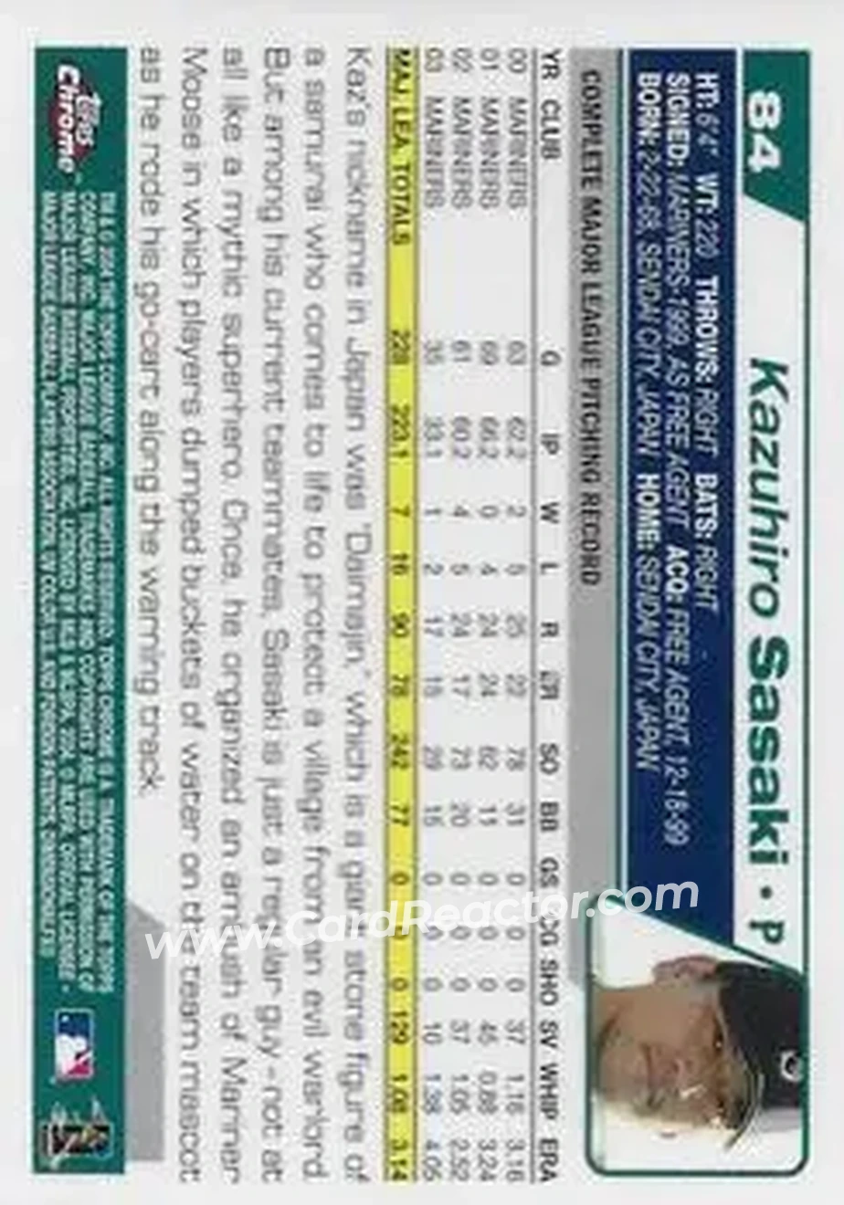 2004 Topps Chrome #84 - Kazuhiro Sasaki - Seattle Mariners - Back