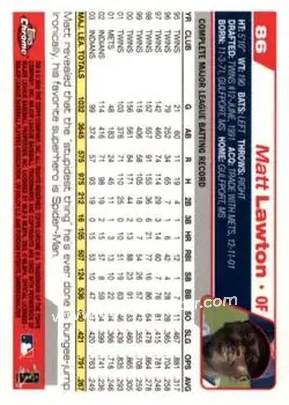 2004 Topps Chrome #86 - Matt Lawton - Cleveland Indians - Back