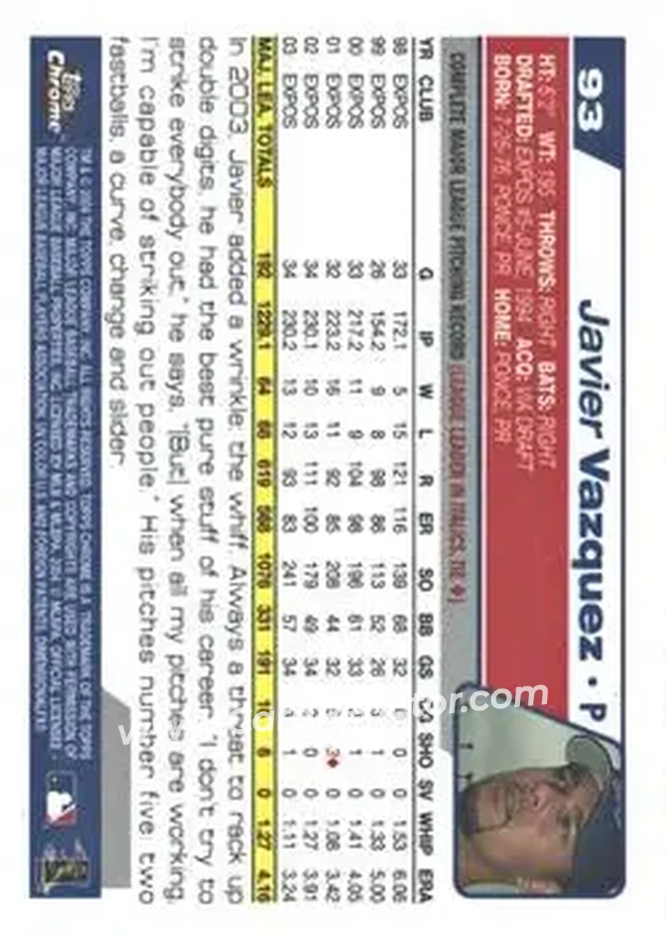 2004 Topps Chrome #93 - Javier Vazquez - Montreal Expos - Back