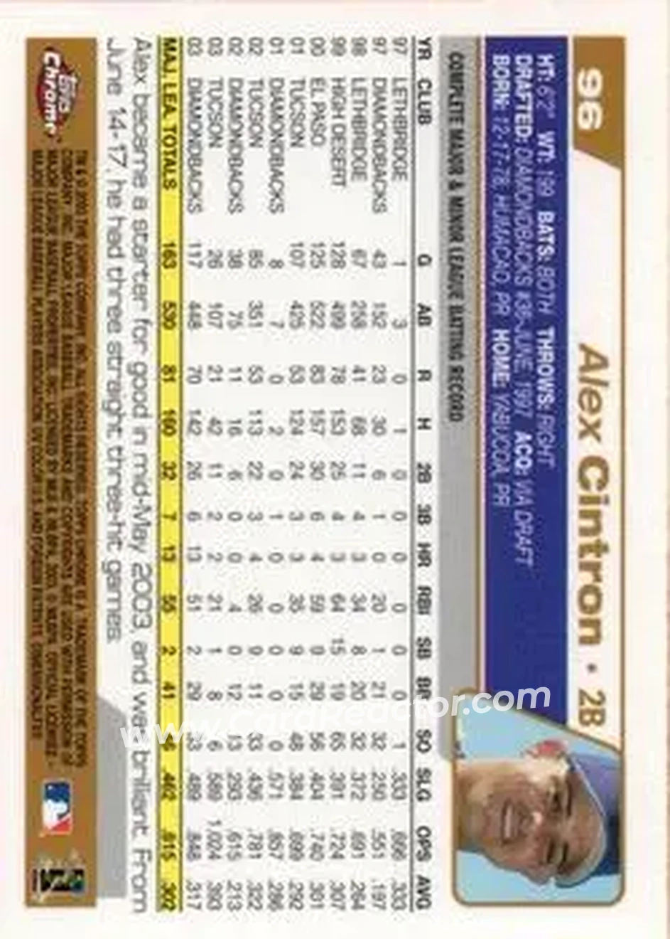 2004 Topps Chrome #96 - Alex Cintron - Arizona Diamondbacks - Back