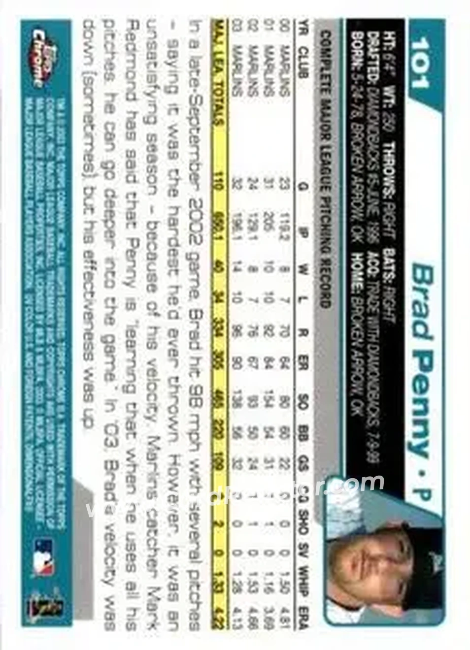 2004 Topps Chrome #101 - Brad Penny - Florida Marlins - Back 2004 Topps Chrome #101 - Brad Penny - Florida Marlins - Back
