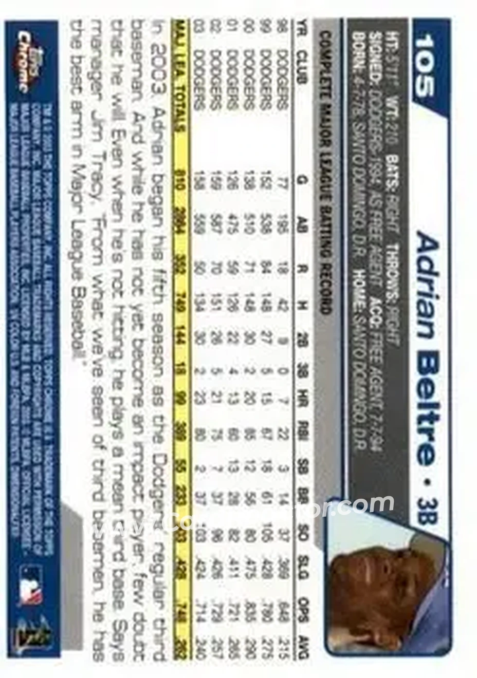 2004 Topps Chrome #105 - Adrian Beltré - Los Angeles Dodgers - Back