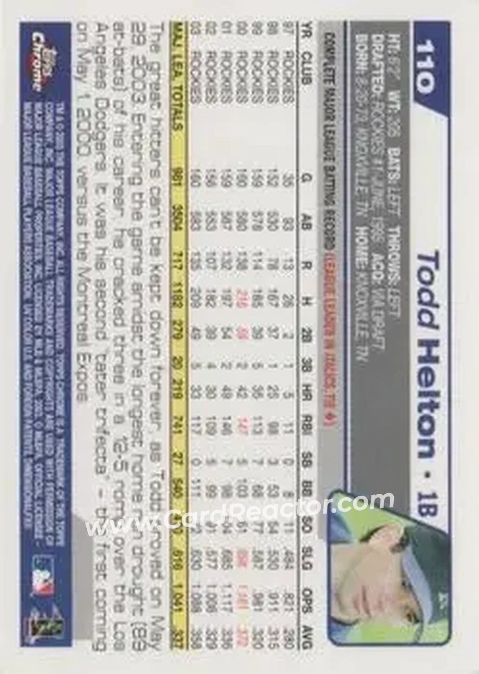 2004 Topps Chrome #110 - Todd Helton - Colorado Rockies - Back