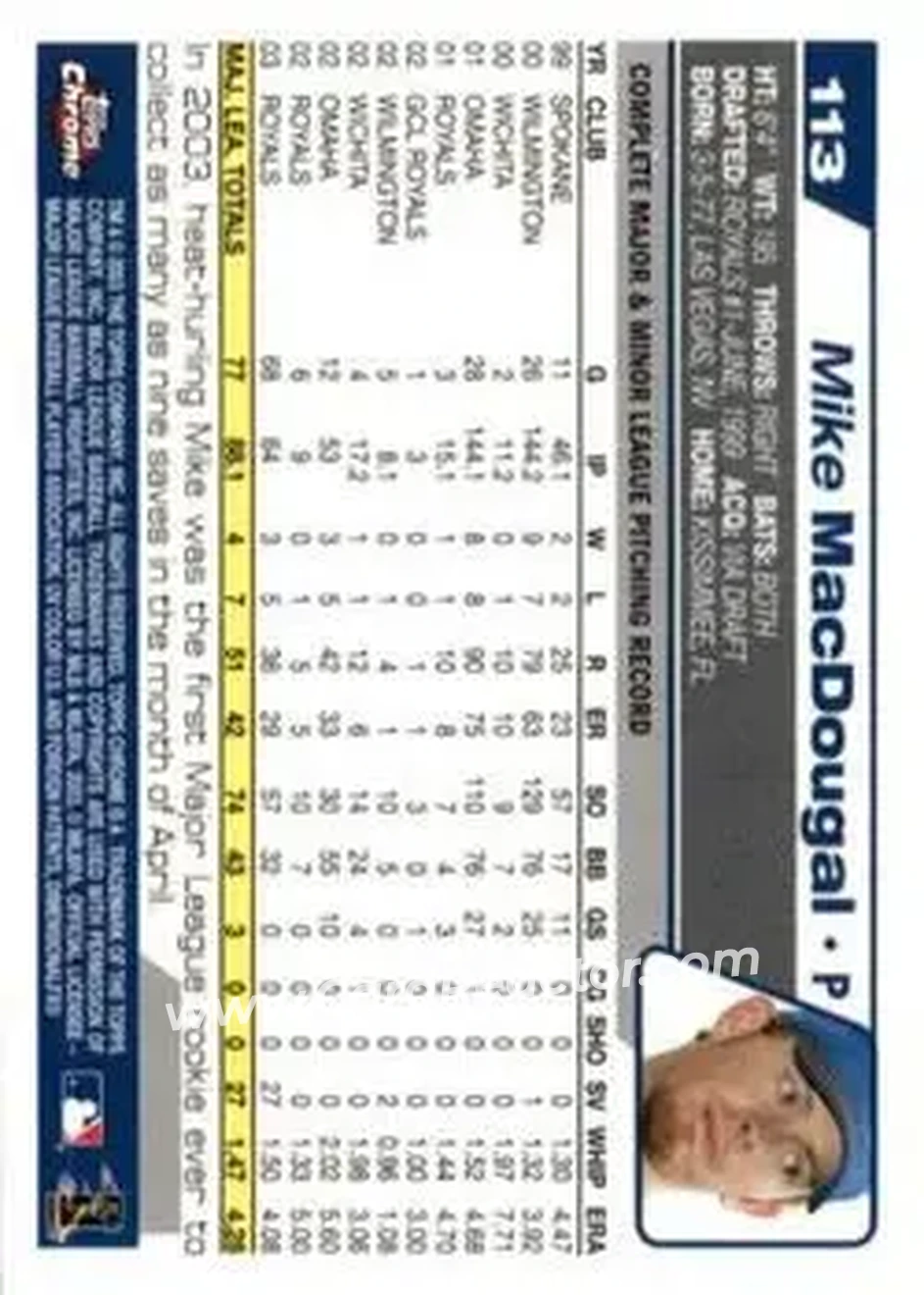 2004 Topps Chrome #113 - Mike MacDougal - Kansas City Royals - Back