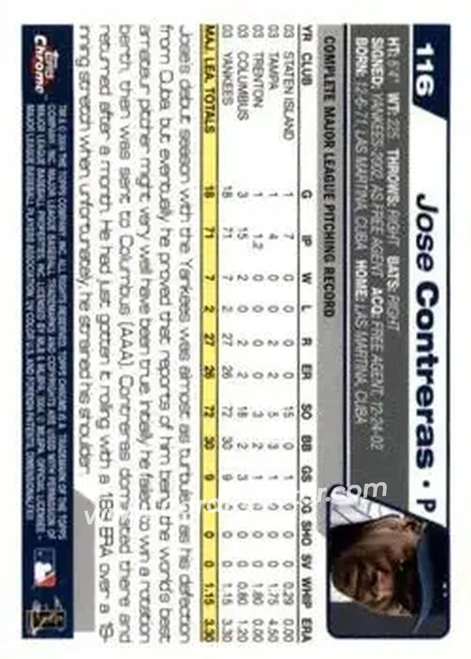 2004 Topps Chrome #116 - Jose Contreras - New York Yankees - Back 2004 Topps Chrome #116 - Jose Contreras - New York Yankees - Back