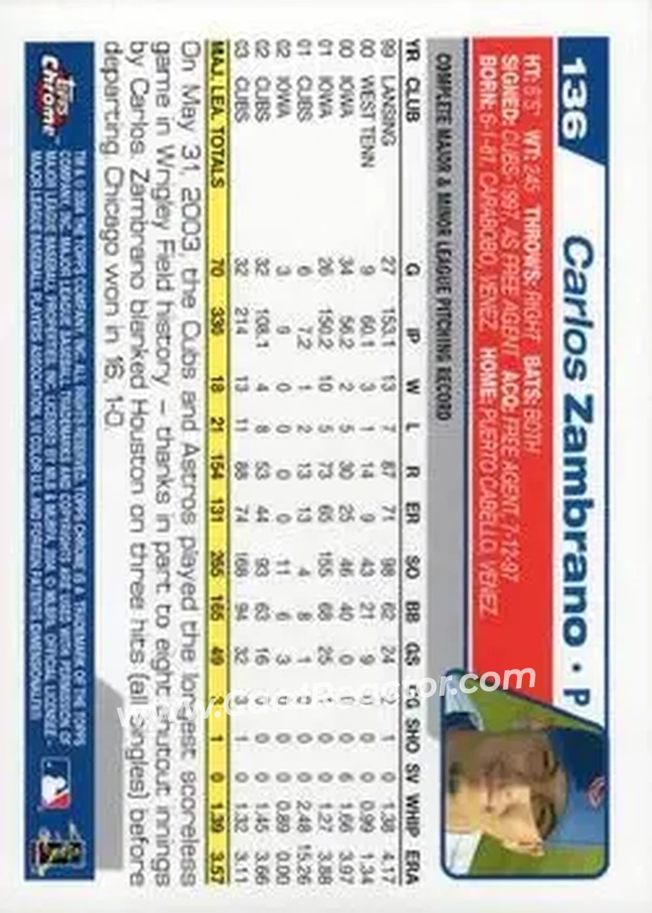 2004 Topps Chrome #136 - Carlos Zambrano - Chicago Cubs - Back