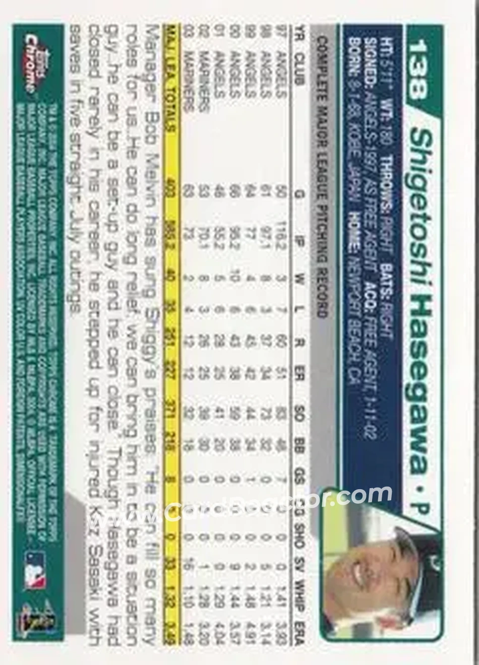 2004 Topps Chrome #138 - Shigetoshi Hasegawa - Seattle Mariners - Back