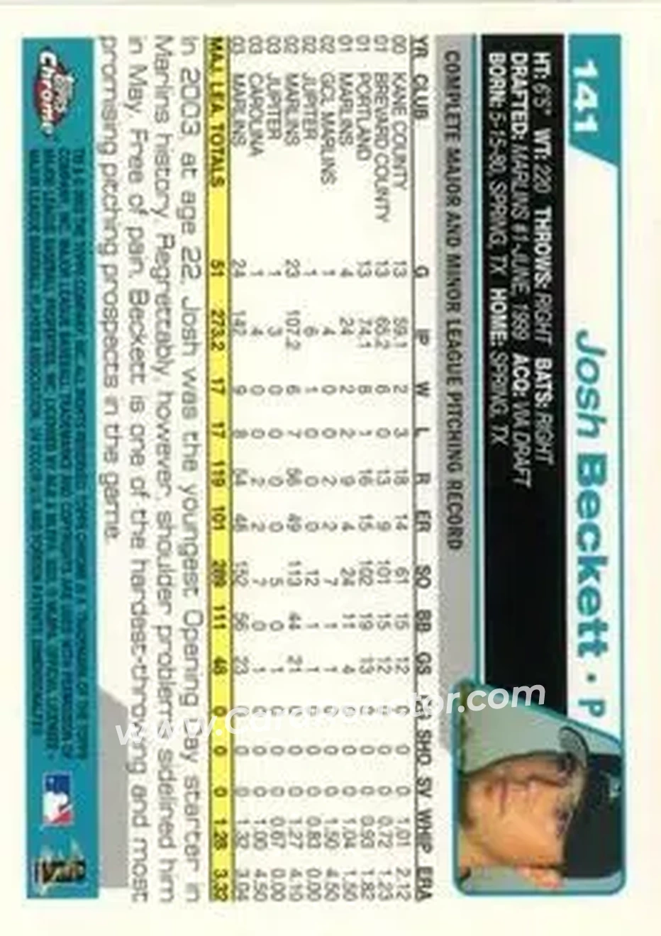 2004 Topps Chrome #141 - Josh Beckett - Florida Marlins - Back