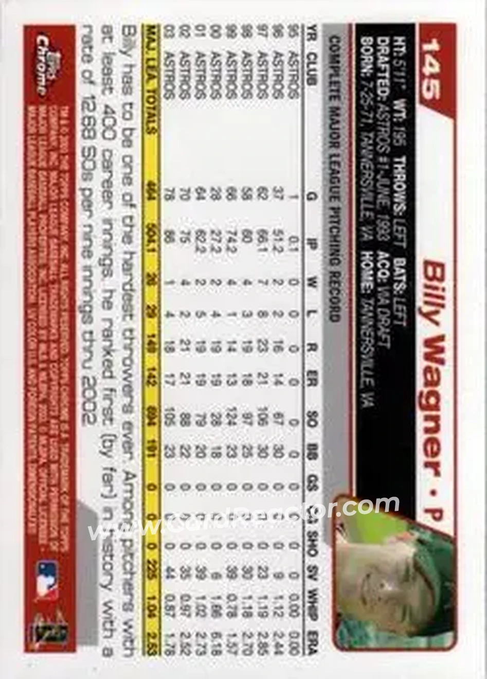 2004 Topps Chrome #145 - Billy Wagner - Houston Astros - Back