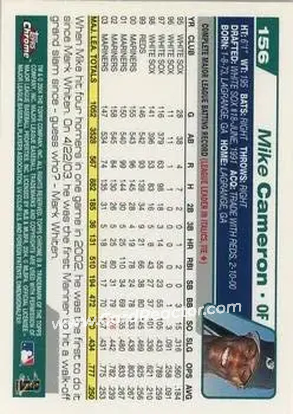 2004 Topps Chrome #156 - Mike Cameron - Seattle Mariners - Back
