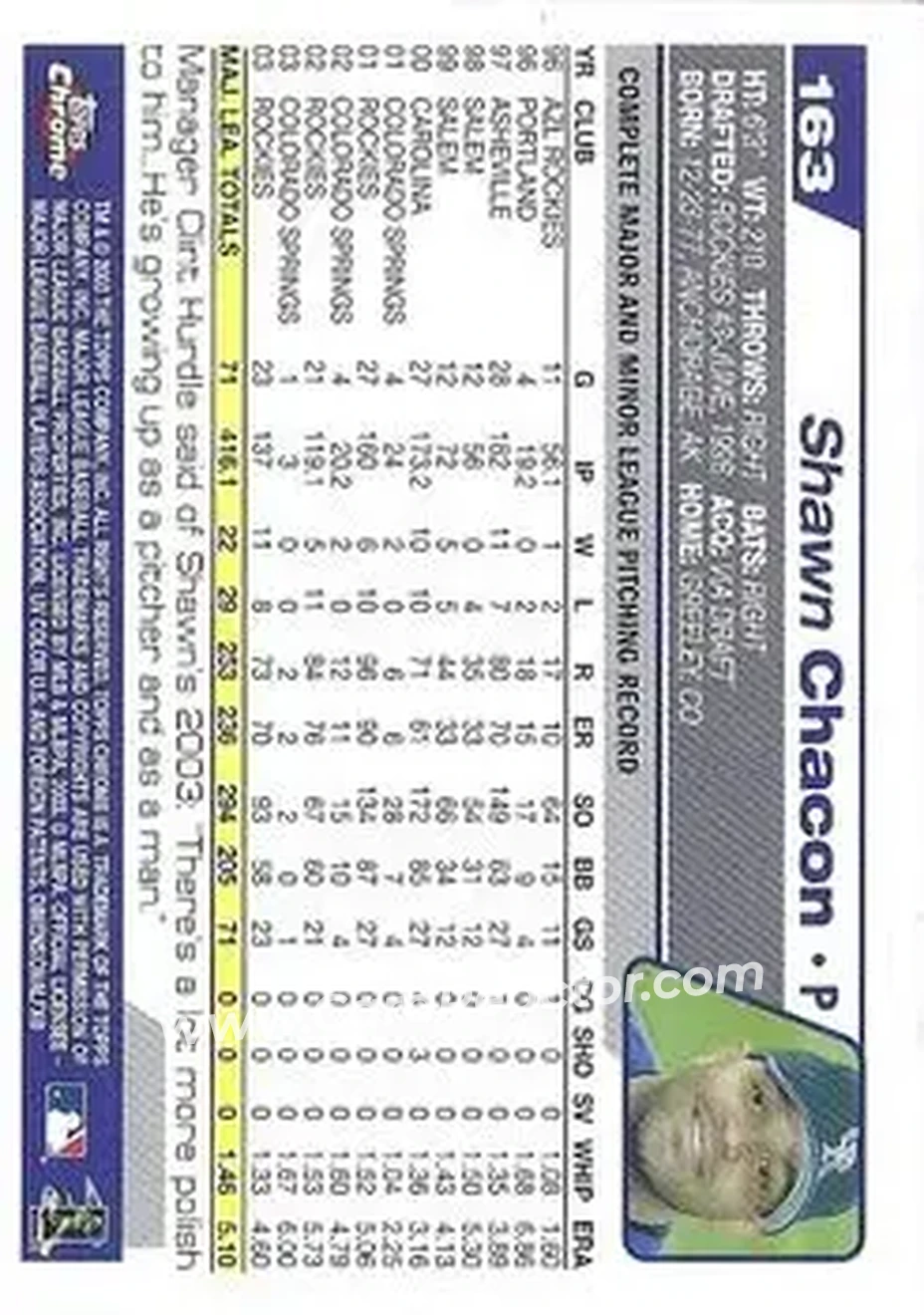 2004 Topps Chrome #163 - Shawn Chacon - Colorado Rockies - Back