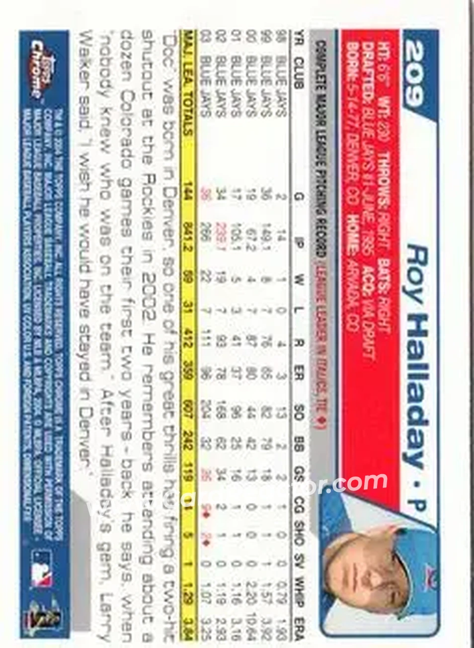 2004 Topps Chrome #209 - Roy Halladay - Toronto Blue Jays - Back