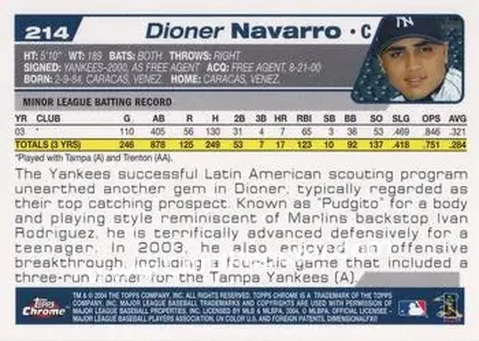 2004 Topps Chrome #214 - Dioner Navarro - New York Yankees - Back