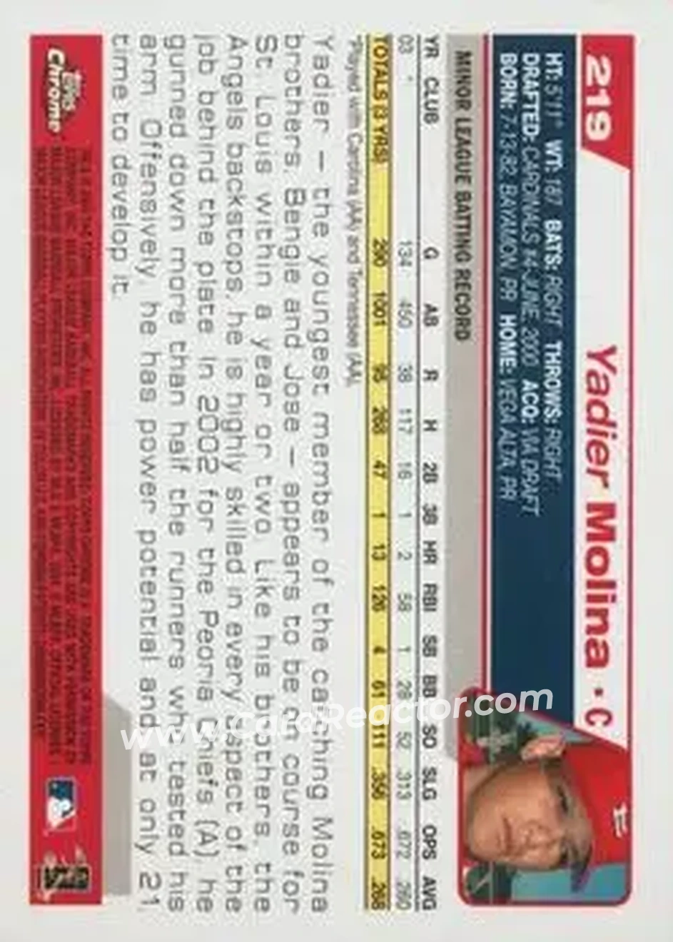 2004 Topps Chrome #219 - Yadier Molina - St. Louis Cardinals - Back