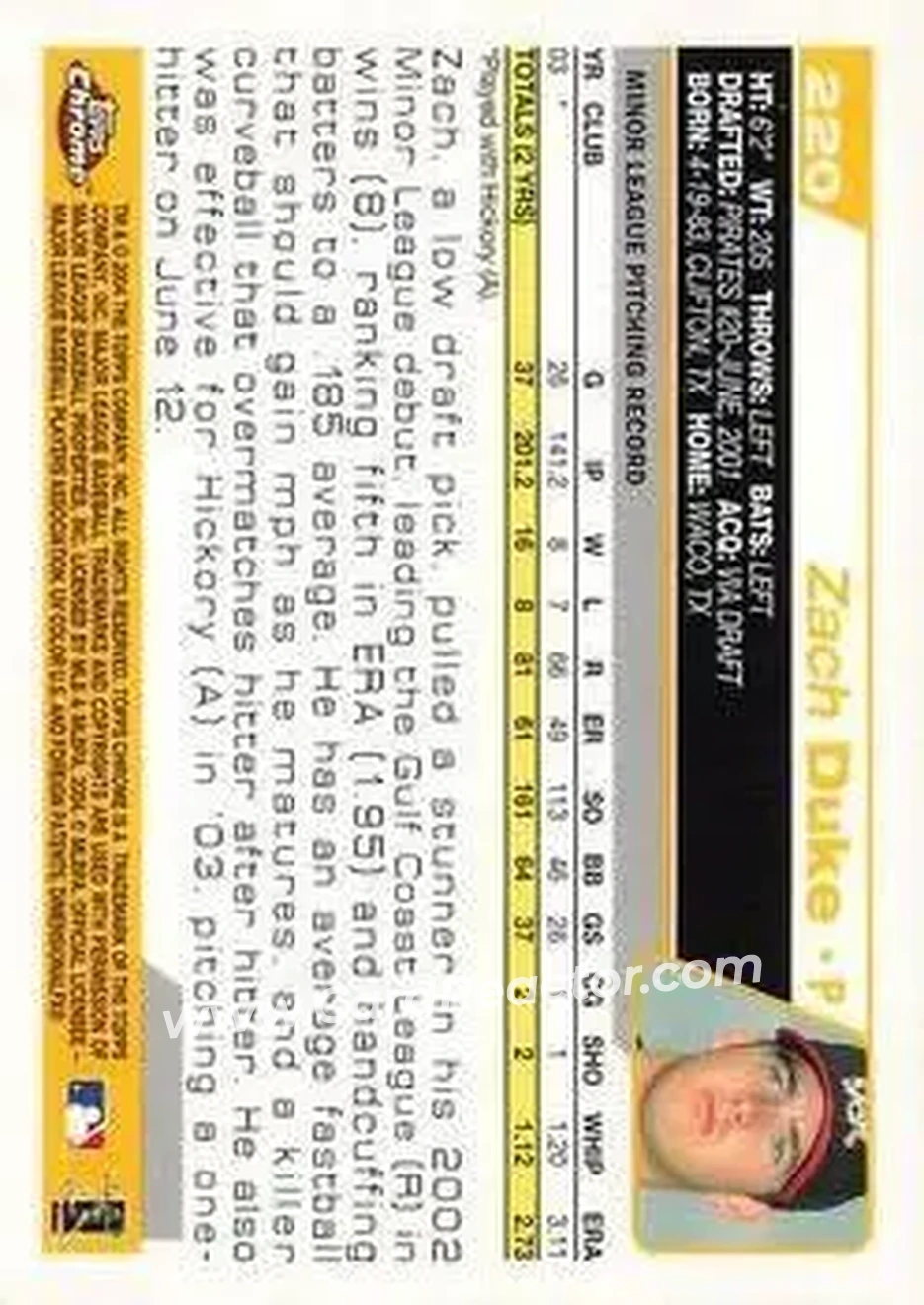 2004 Topps Chrome #220 - Zach Duke - Pittsburgh Pirates - Back
