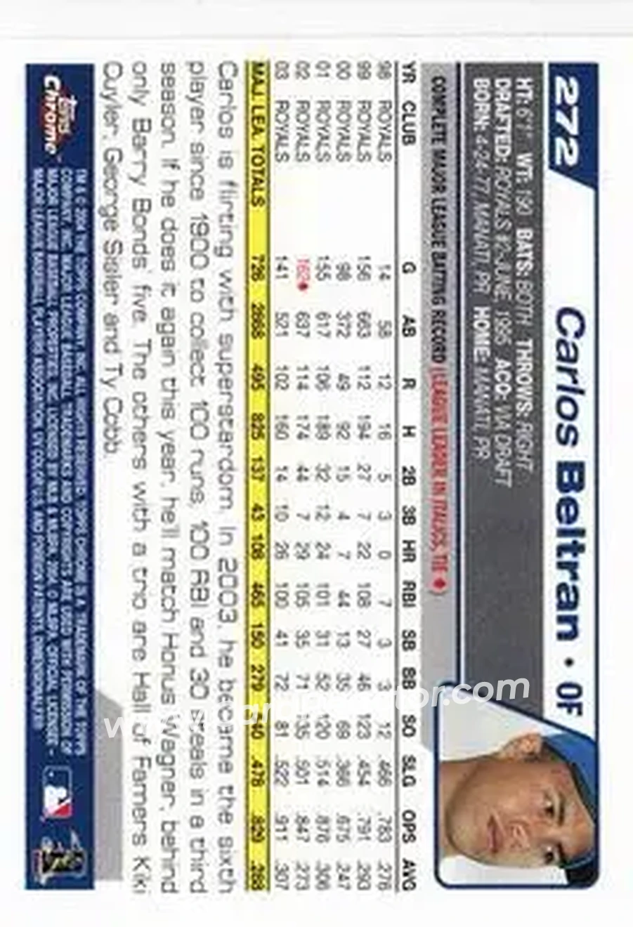 2004 Topps Chrome #272 - Carlos Beltran - Kansas City Royals - Back