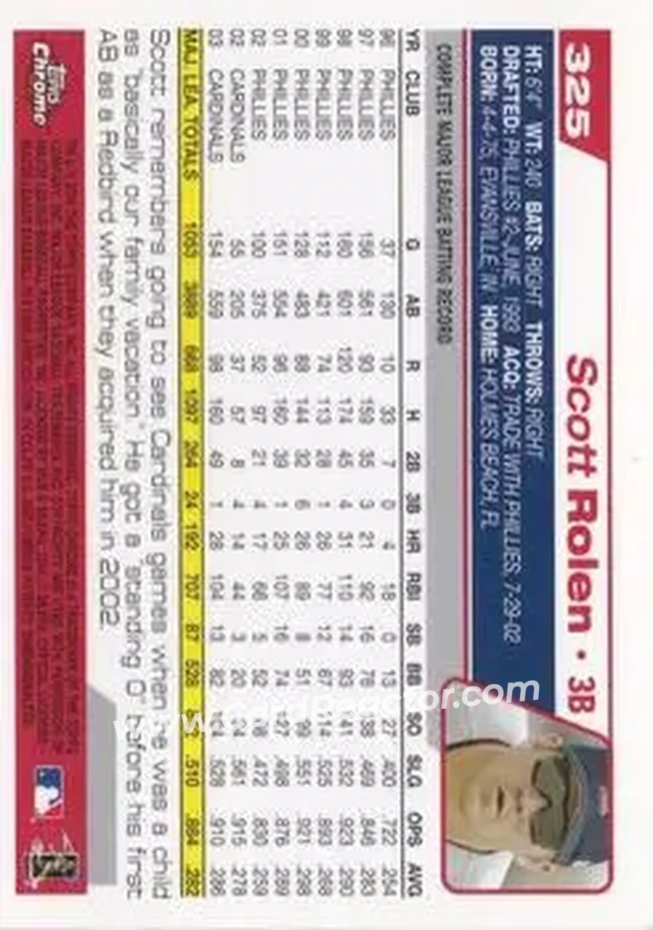 2004 Topps Chrome #325 - Scott Rolen - St. Louis Cardinals - Back