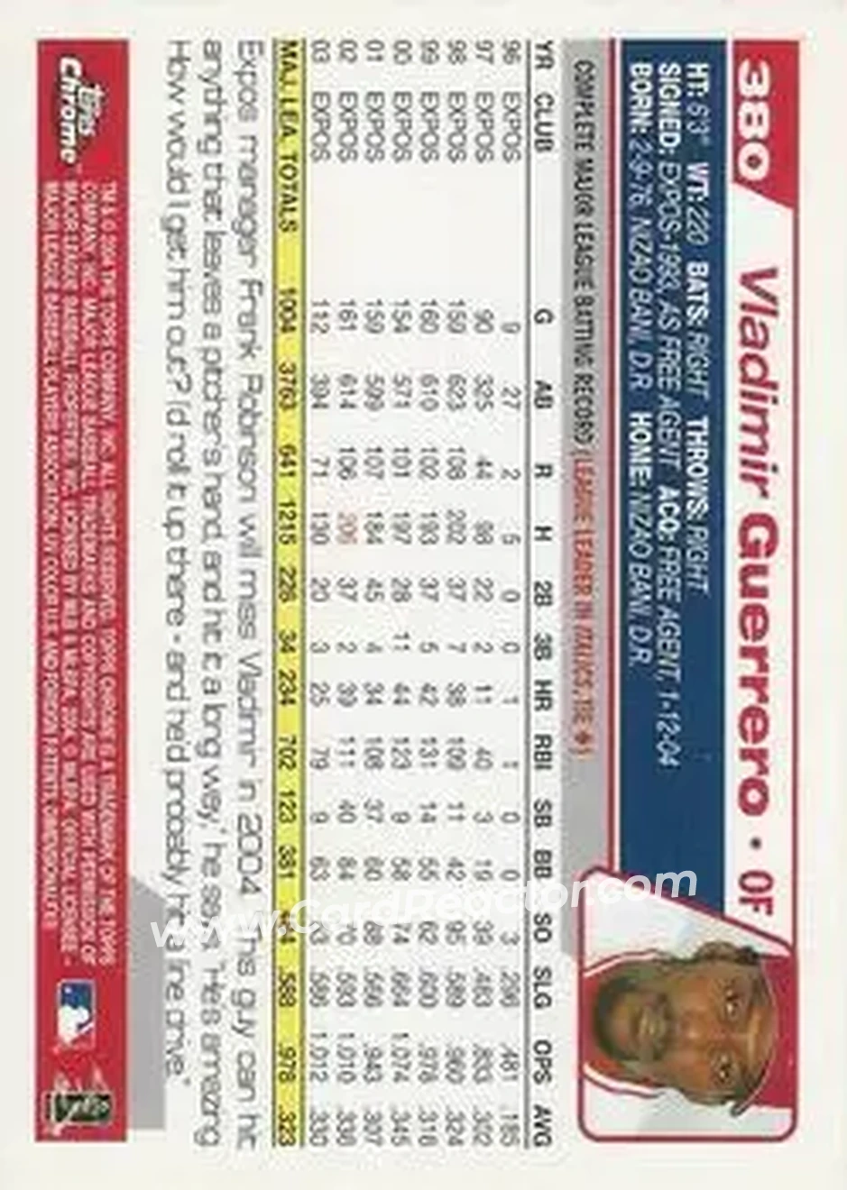 2004 Topps Chrome #380 - Vladimir Guerrero - Anaheim Angels - Back