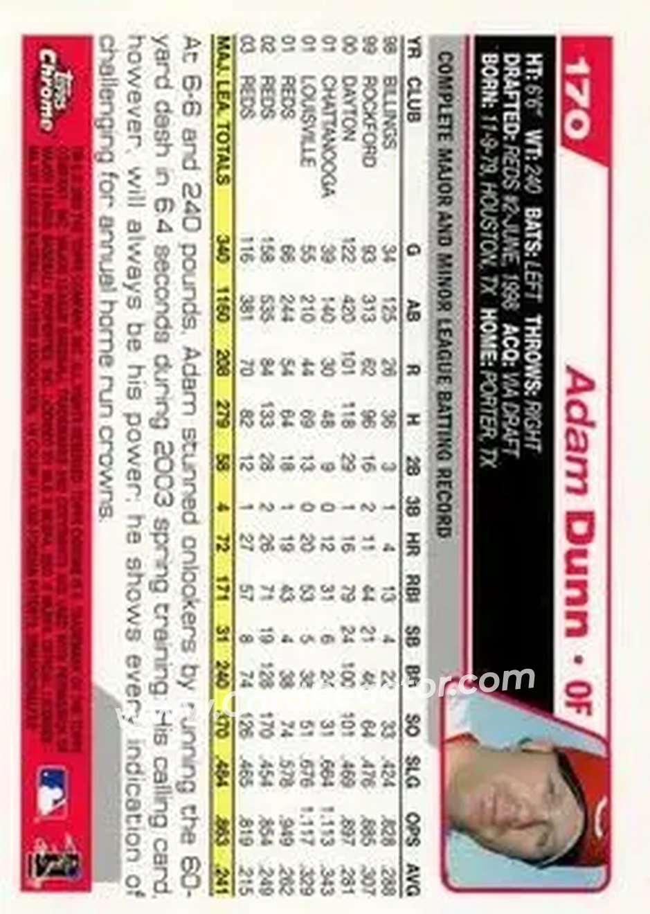 2004 Topps Chrome #170 - Adam Dunn - Cincinnati Reds - Back