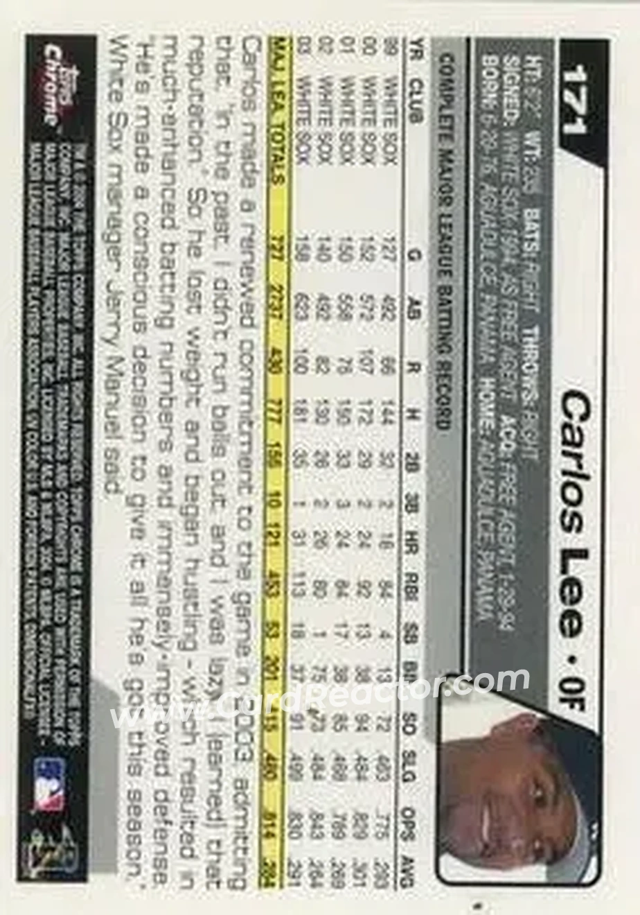 2004 Topps Chrome #171 - Carlos Lee - Chicago White Sox - Back