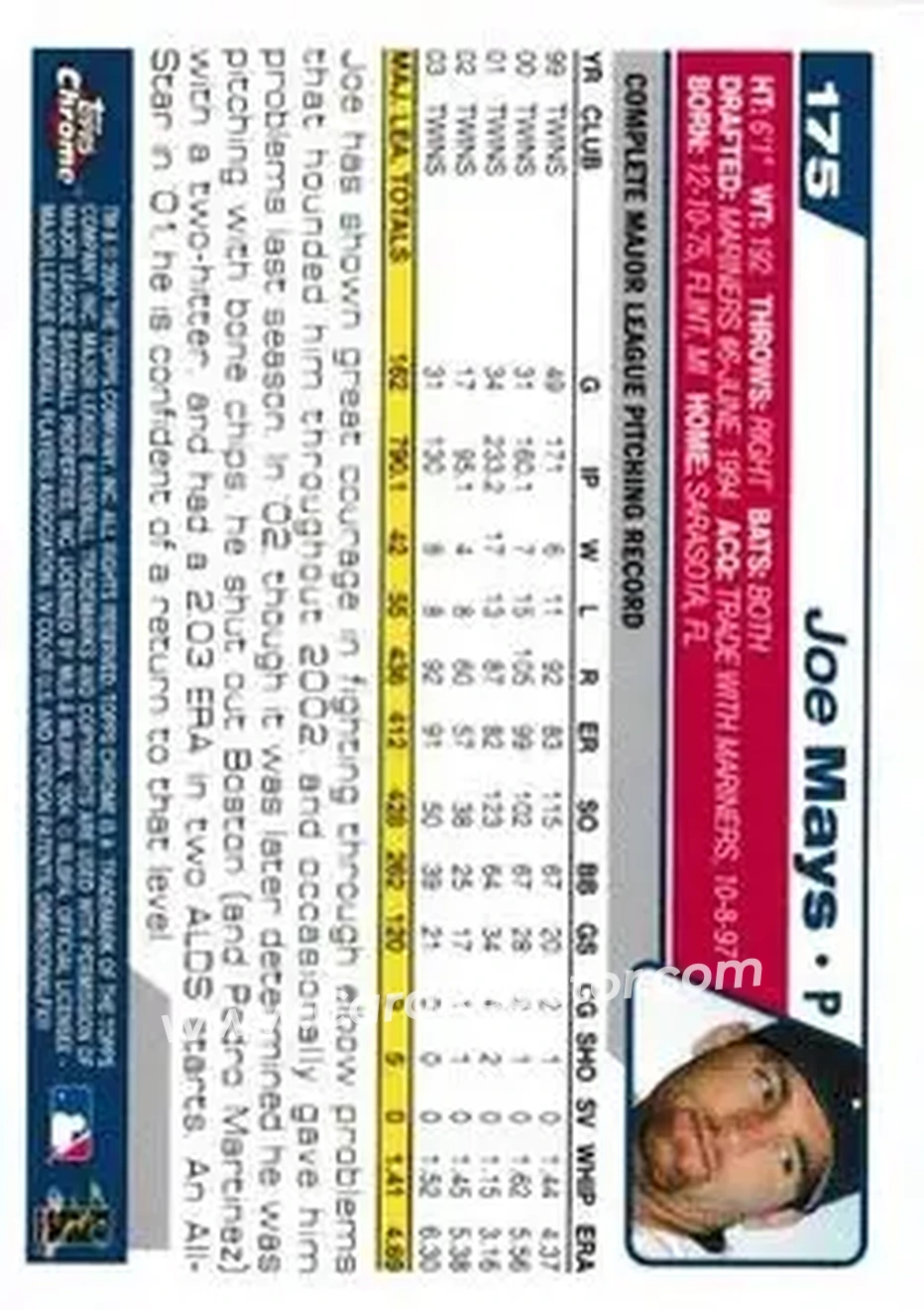 2004 Topps Chrome #175 - Joe Mays - Minnesota Twins - Back 2004 Topps Chrome #175 - Joe Mays - Minnesota Twins - Back