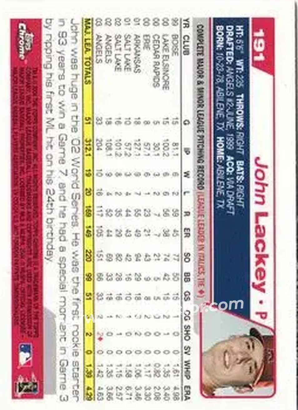 2004 Topps Chrome #191 - John Lackey - Anaheim Angels - Back