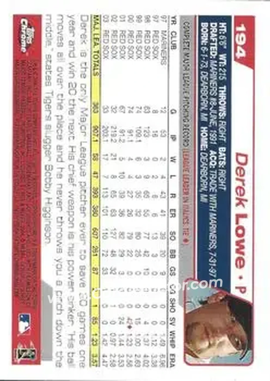 2004 Topps Chrome #194 - Derek Lowe - Boston Red Sox - Back