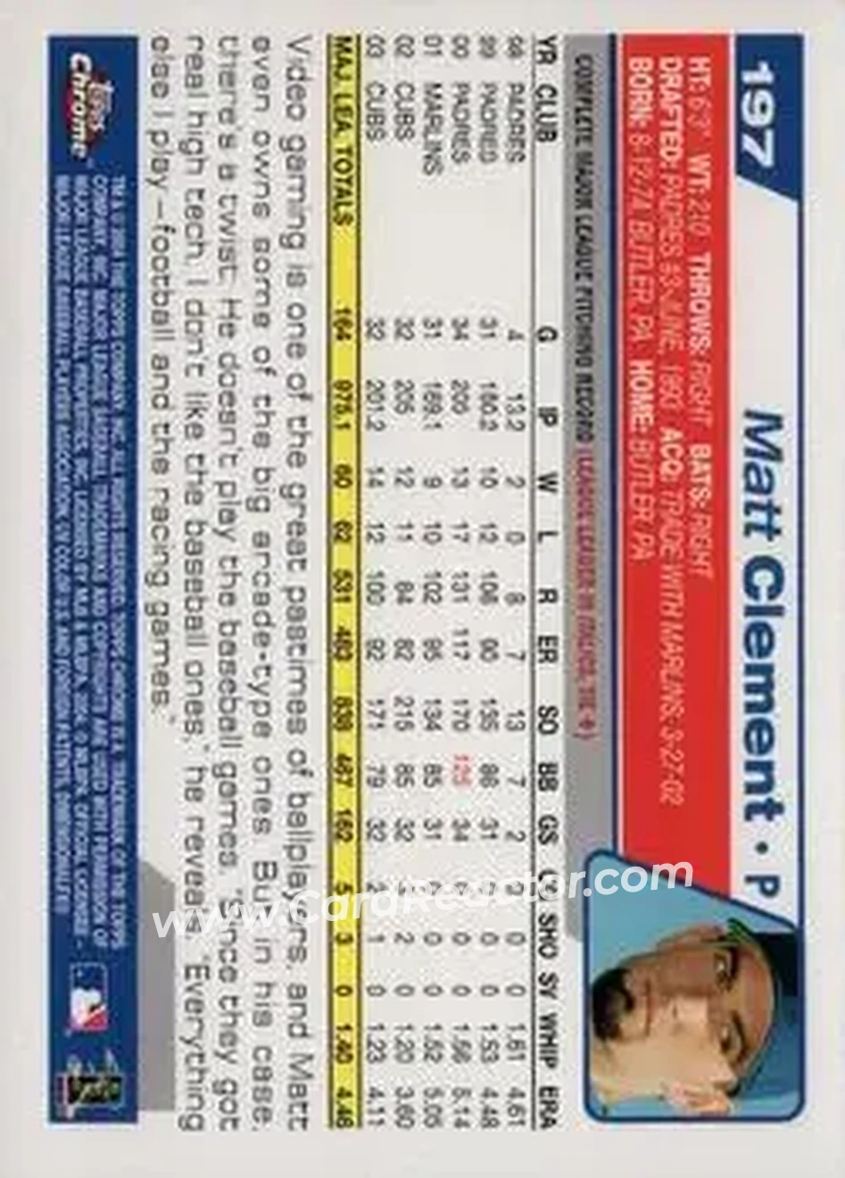 2004 Topps Chrome #197 - Matt Clement - Chicago Cubs - Back