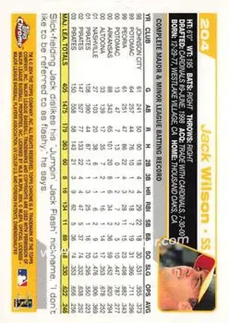 2004 Topps Chrome #204 - Jack Wilson - Pittsburgh Pirates - Back