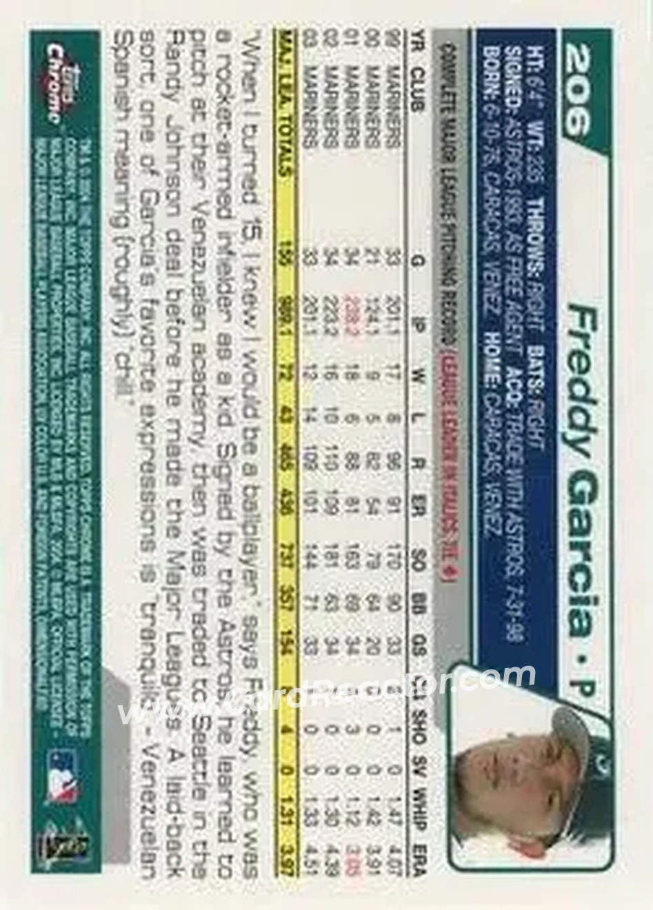 2004 Topps Chrome #206 - Freddy Garcia - Seattle Mariners - Back