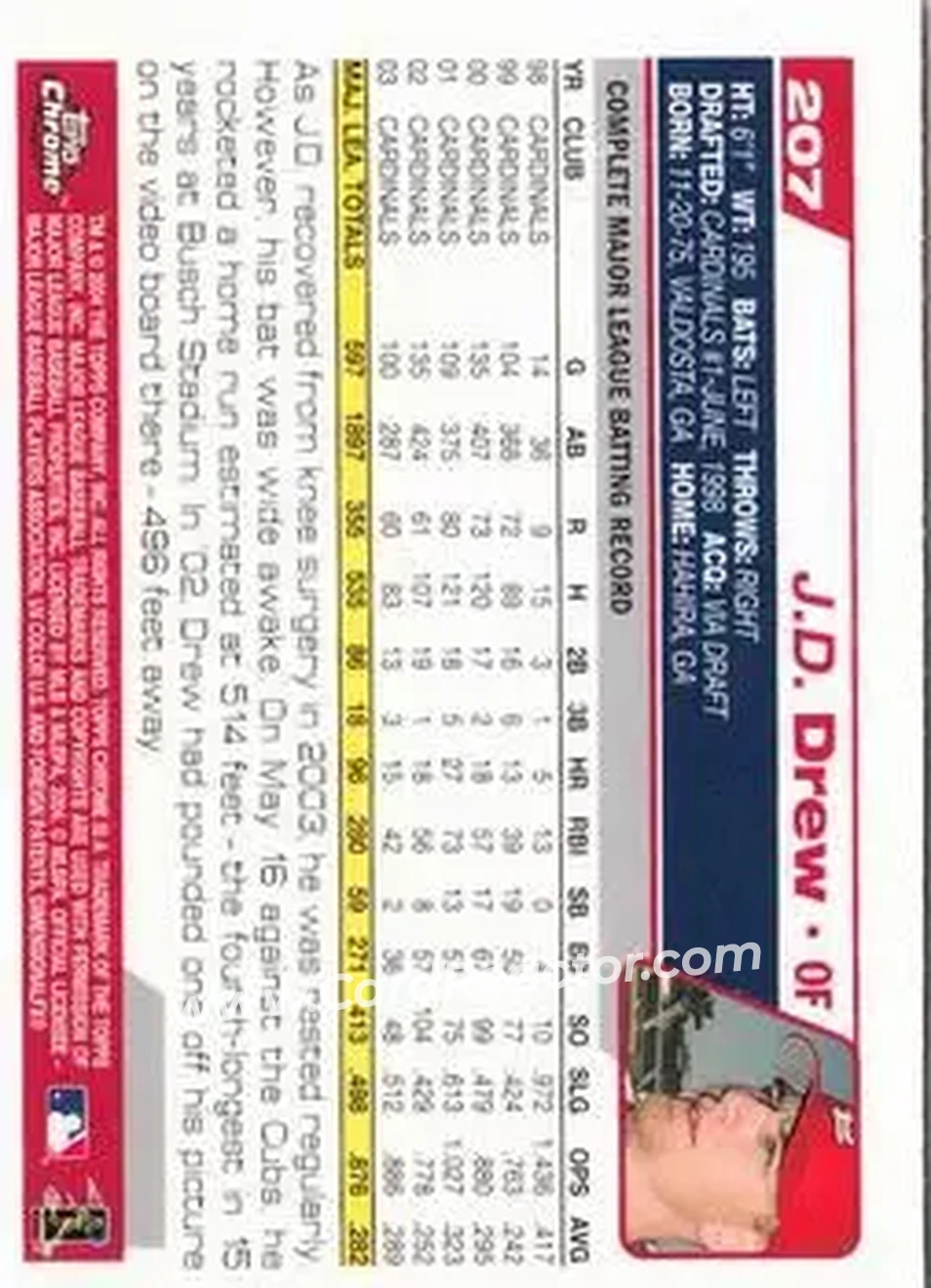2004 Topps Chrome #207 - J.D. Drew - St. Louis Cardinals - Back