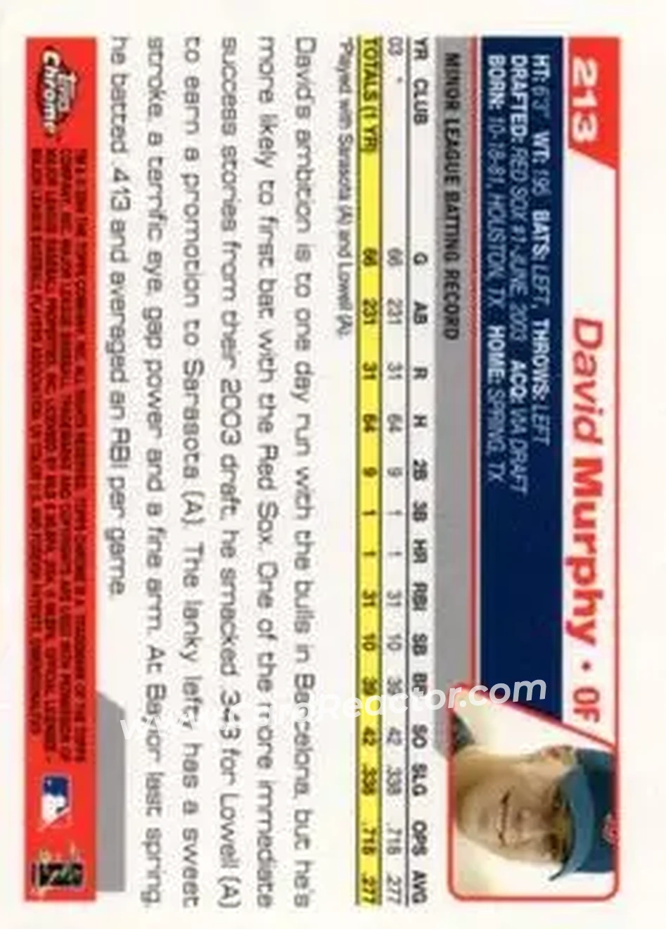2004 Topps Chrome #213 - David Murphy - Boston Red Sox - Back