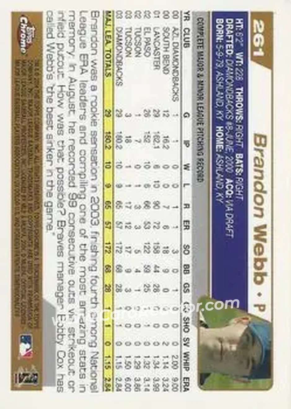 2004 Topps Chrome #261 - Brandon Webb - Arizona Diamondbacks - Back