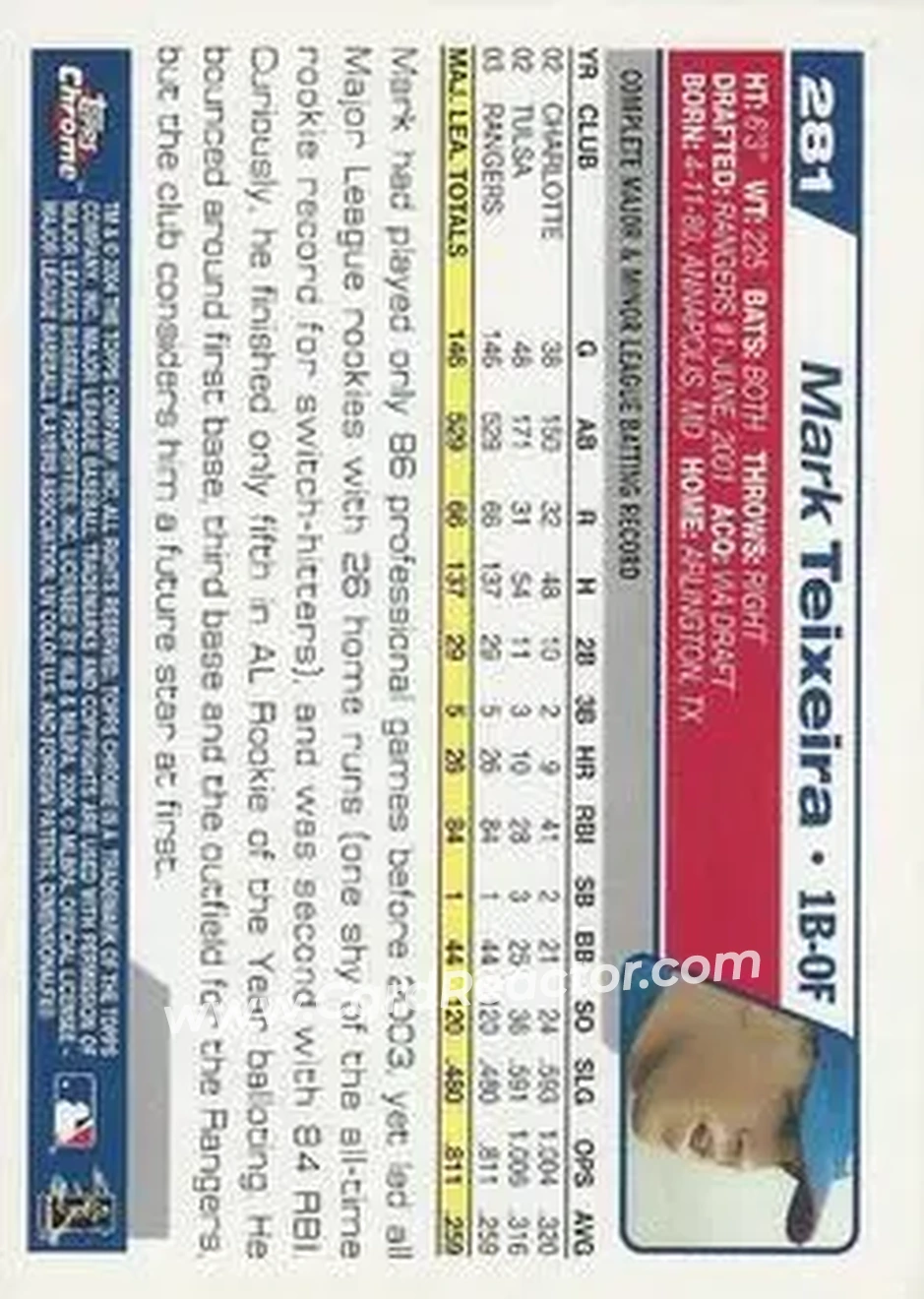 2004 Topps Chrome #281 - Mark Teixeira - Texas Rangers - Back