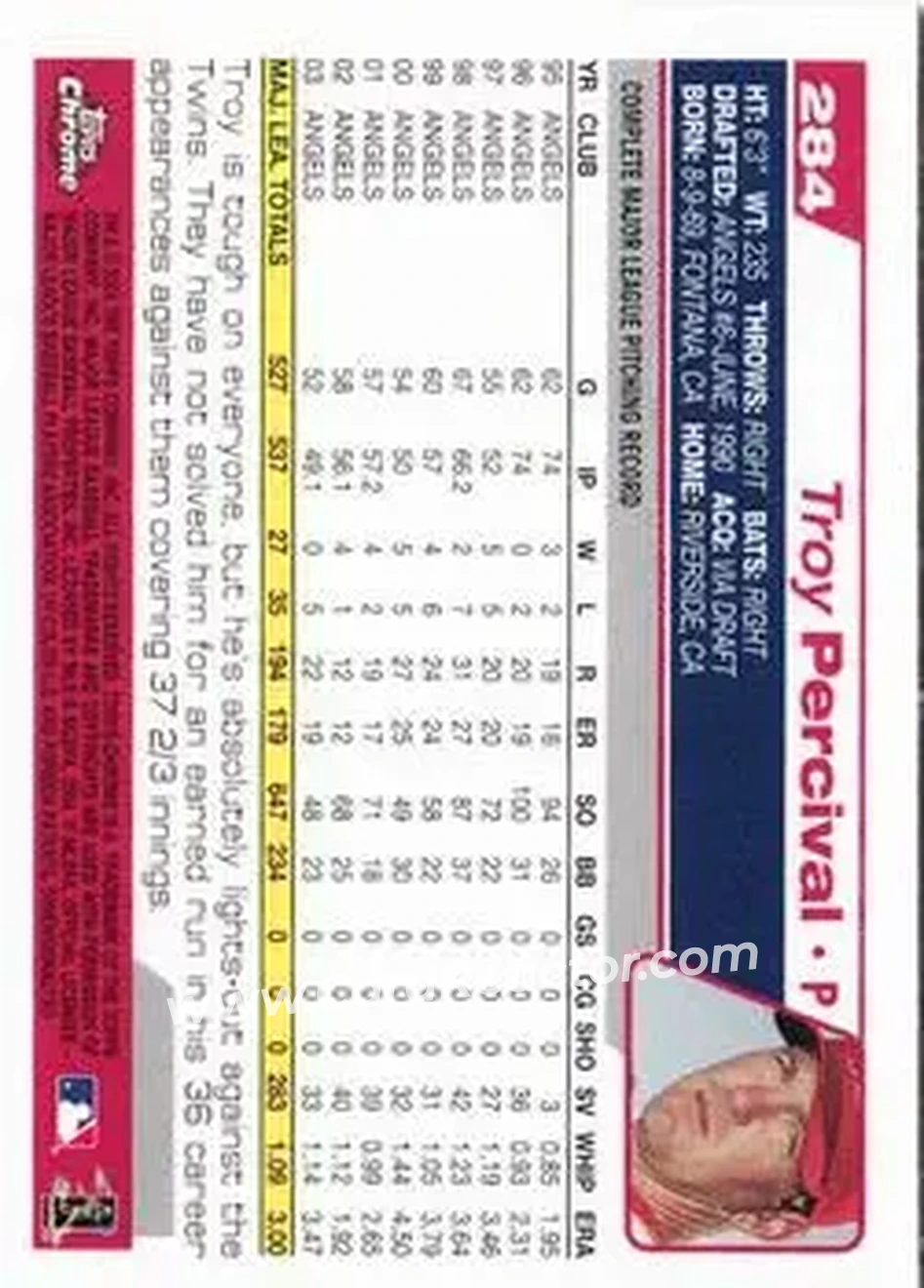 2004 Topps Chrome #284 - Troy Percival - Anaheim Angels - Back 2004 Topps Chrome #284 - Troy Percival - Anaheim Angels - Back