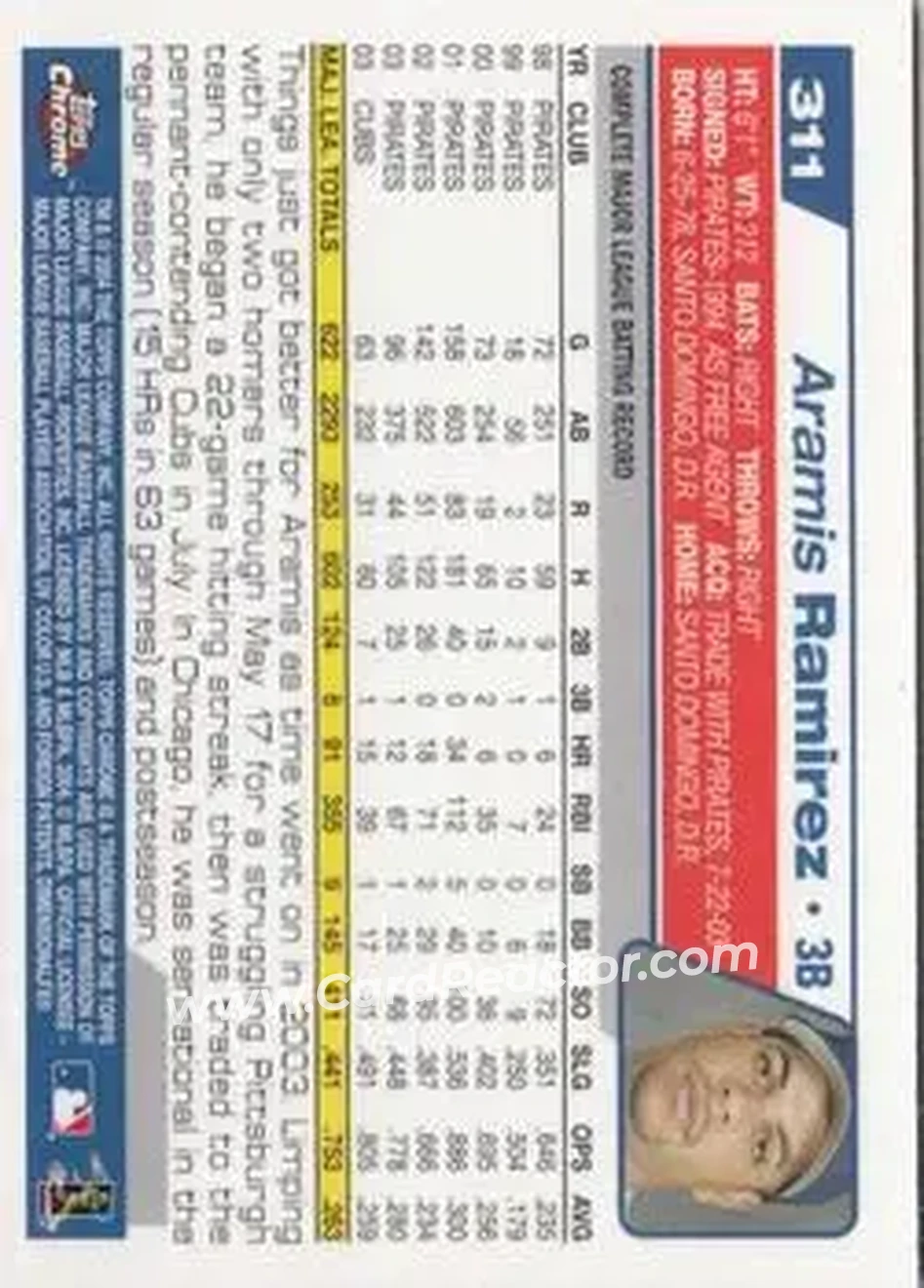 2004 Topps Chrome #311 - Aramis Ramirez - Chicago Cubs - Back