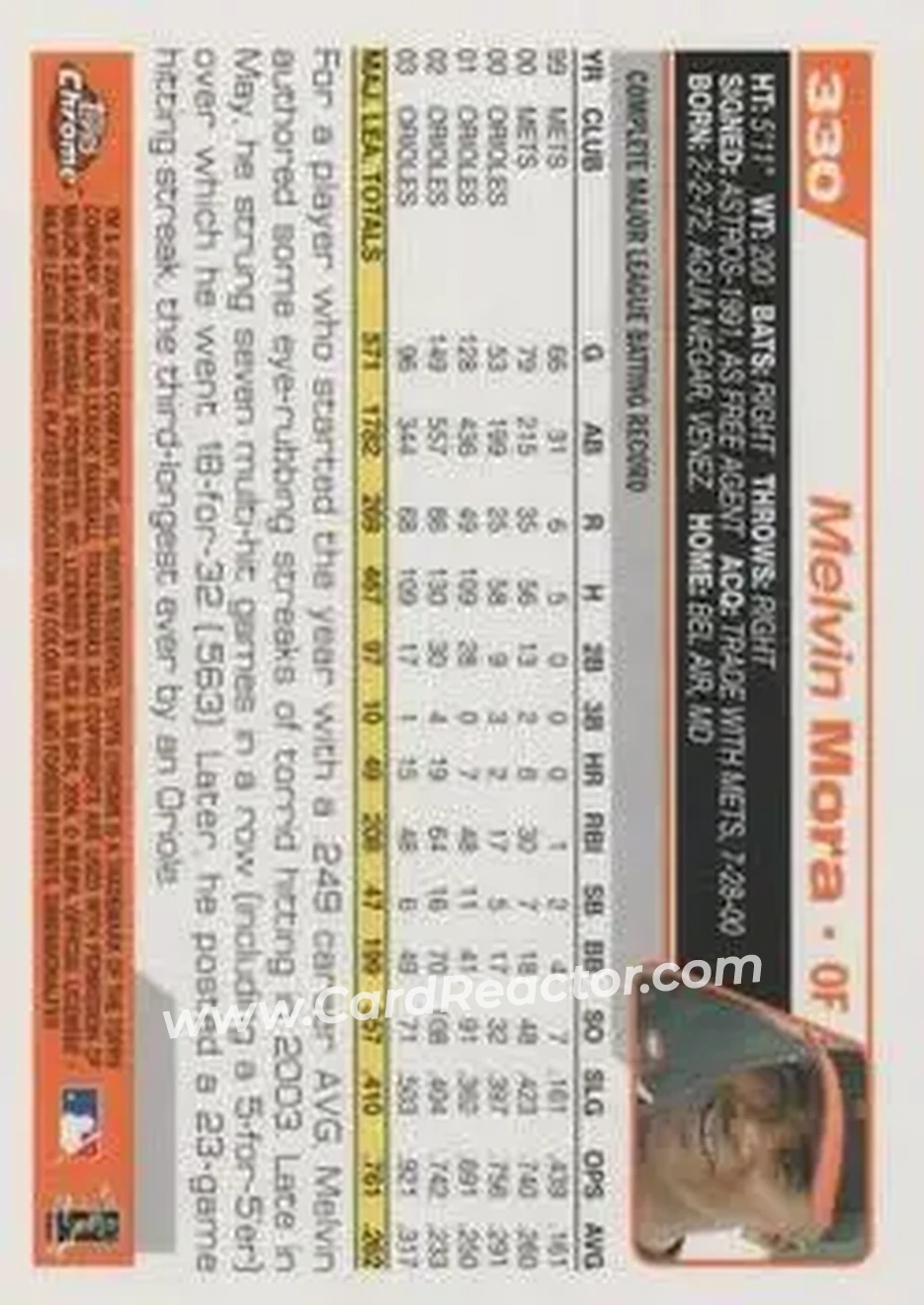 2004 Topps Chrome #330 - Melvin Mora - Baltimore Orioles - Back
