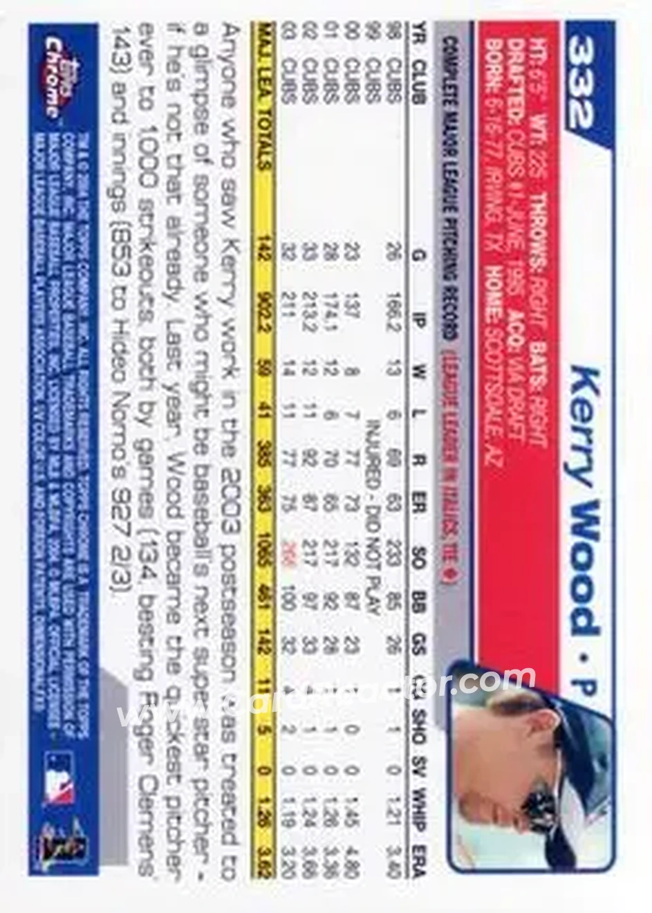 2004 Topps Chrome #332 - Kerry Wood - Chicago Cubs - Back